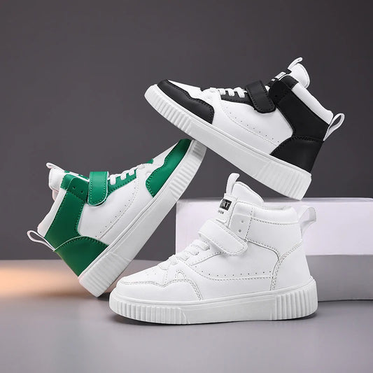 Boys' High-Top Basketball Sneakers - PU Leather Non-Slip Sports Shoes