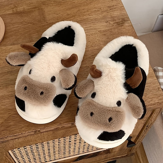 Fuzzy Cow Print Slippers – Plush Indoor House Shoes